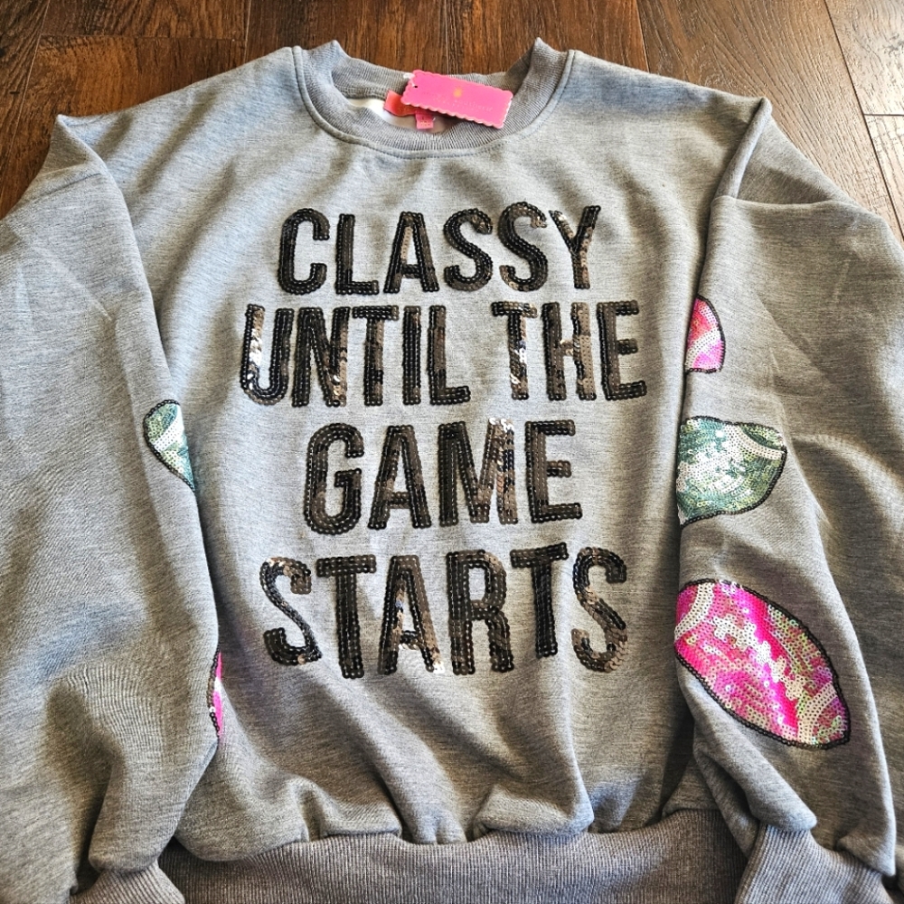 Gray Sweatshirt with Sequin Text and Sleeve Patches